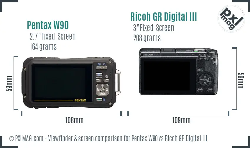 Pentax W90 vs Ricoh GR Digital III Screen and Viewfinder comparison