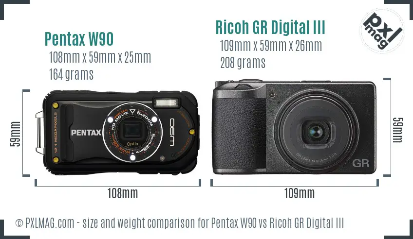 Pentax W90 vs Ricoh GR Digital III size comparison