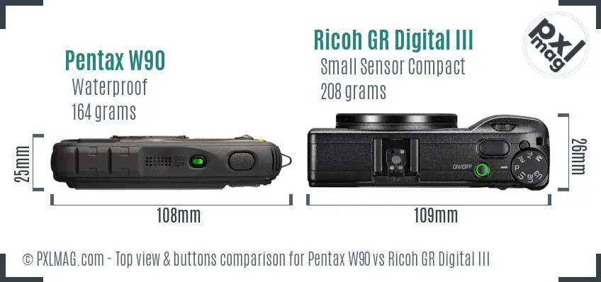 Pentax W90 vs Ricoh GR Digital III top view buttons comparison
