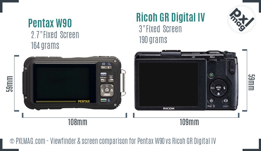 Pentax W90 vs Ricoh GR Digital IV Screen and Viewfinder comparison