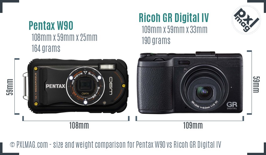 Pentax W90 vs Ricoh GR Digital IV size comparison