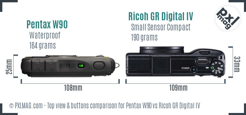 Pentax W90 vs Ricoh GR Digital IV top view buttons comparison