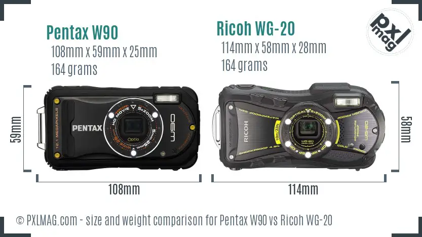 Pentax W90 vs Ricoh WG-20 size comparison