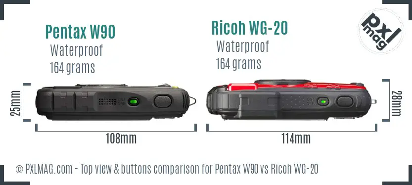 Pentax W90 vs Ricoh WG-20 top view buttons comparison