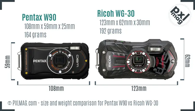Pentax W90 vs Ricoh WG-30 size comparison