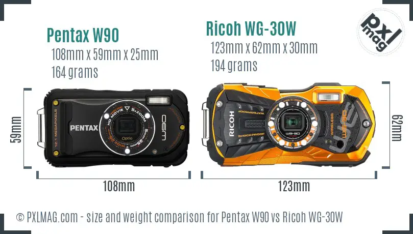 Pentax W90 vs Ricoh WG-30W size comparison
