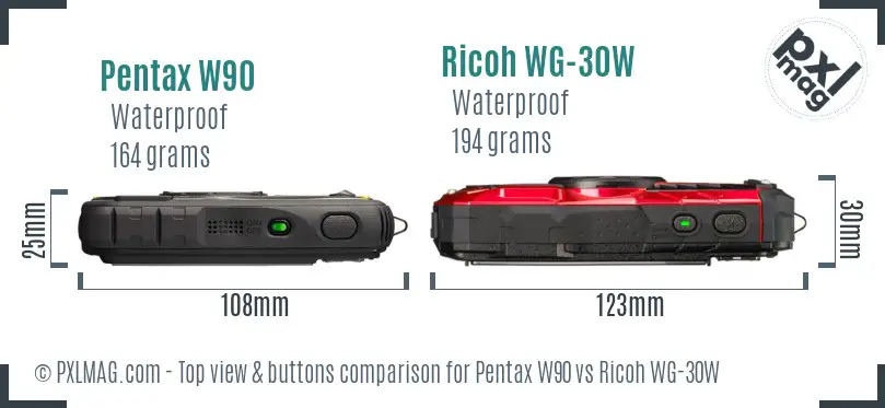 Pentax W90 vs Ricoh WG-30W top view buttons comparison