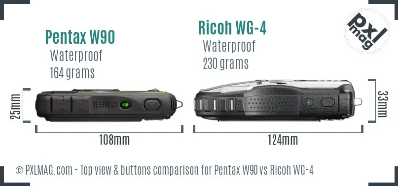 Pentax W90 vs Ricoh WG-4 top view buttons comparison