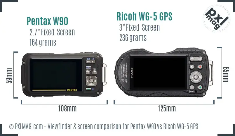 Pentax W90 vs Ricoh WG-5 GPS Screen and Viewfinder comparison