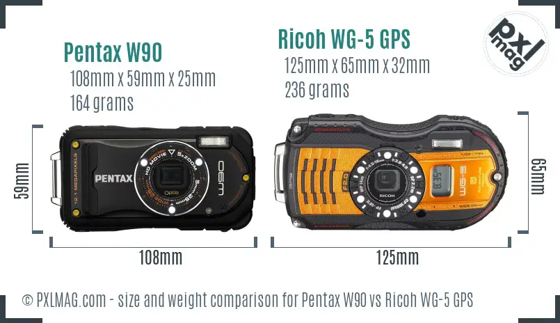 Pentax W90 vs Ricoh WG-5 GPS size comparison