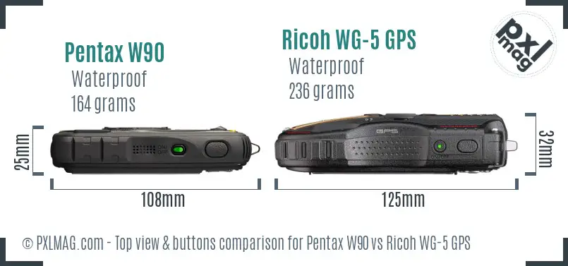 Pentax W90 vs Ricoh WG-5 GPS top view buttons comparison