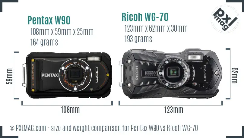 Pentax W90 vs Ricoh WG-70 size comparison