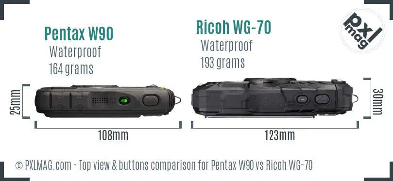 Pentax W90 vs Ricoh WG-70 top view buttons comparison