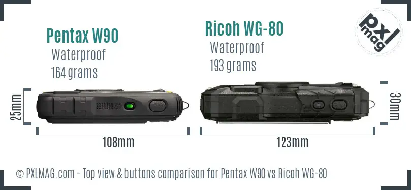 Pentax W90 vs Ricoh WG-80 top view buttons comparison Pentax W90 vs Ricoh WG-80 top view buttons comparison