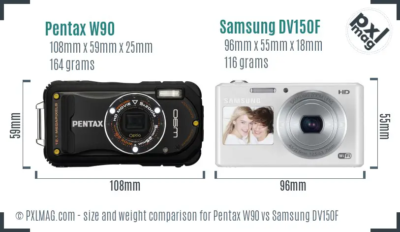 Pentax W90 vs Samsung DV150F size comparison