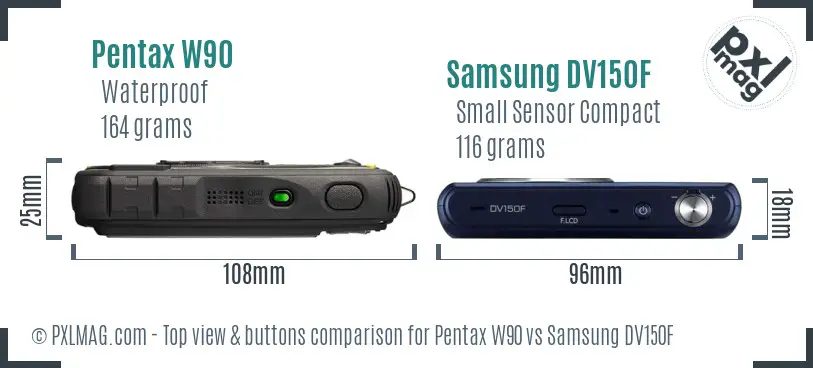 Pentax W90 vs Samsung DV150F top view buttons comparison