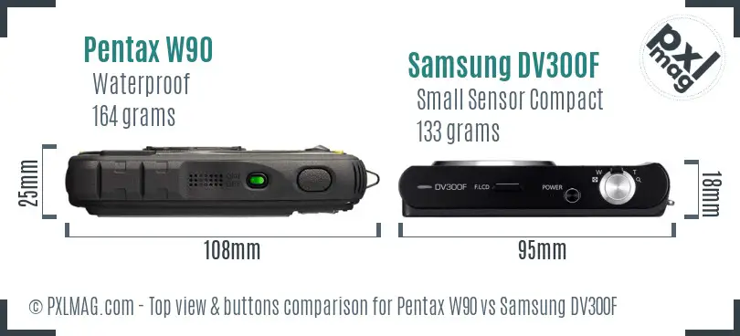 Pentax W90 vs Samsung DV300F top view buttons comparison