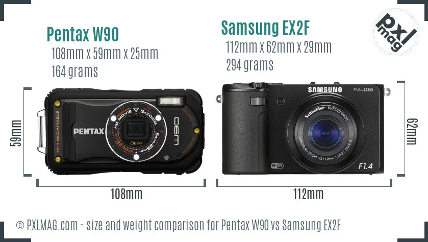 Pentax W90 vs Samsung EX2F size comparison
