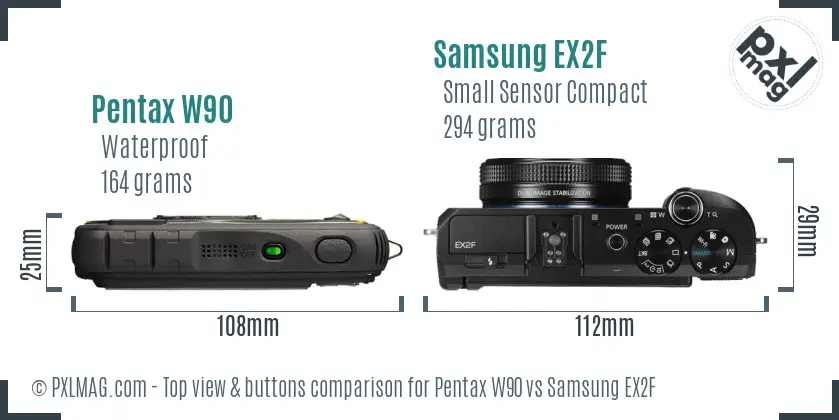 Pentax W90 vs Samsung EX2F top view buttons comparison