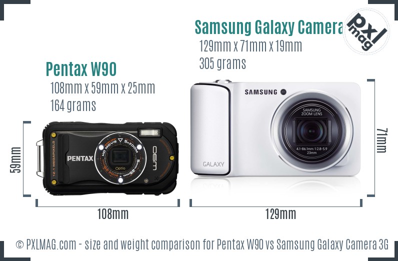 Pentax W90 vs Samsung Galaxy Camera 3G size comparison