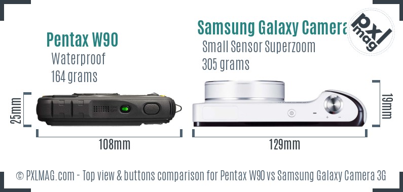 Pentax W90 vs Samsung Galaxy Camera 3G top view buttons comparison