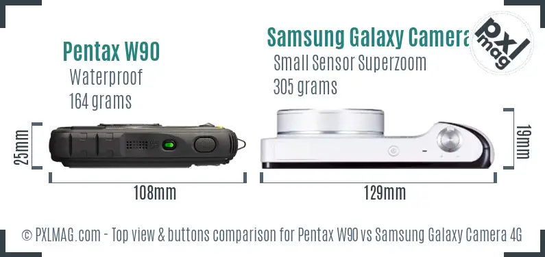 Pentax W90 vs Samsung Galaxy Camera 4G top view buttons comparison