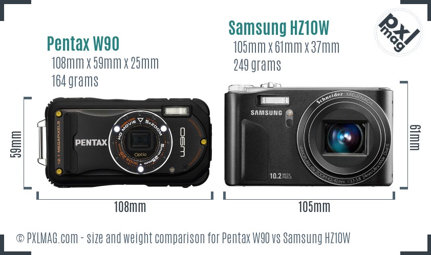 Pentax W90 vs Samsung HZ10W size comparison