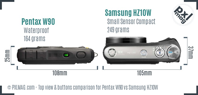 Pentax W90 vs Samsung HZ10W top view buttons comparison