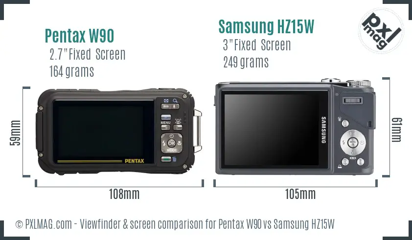 Pentax W90 vs Samsung HZ15W Screen and Viewfinder comparison