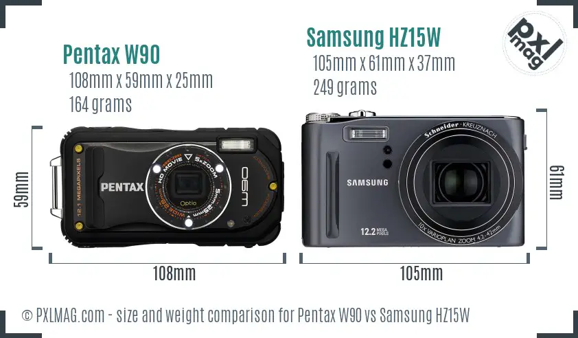 Pentax W90 vs Samsung HZ15W size comparison