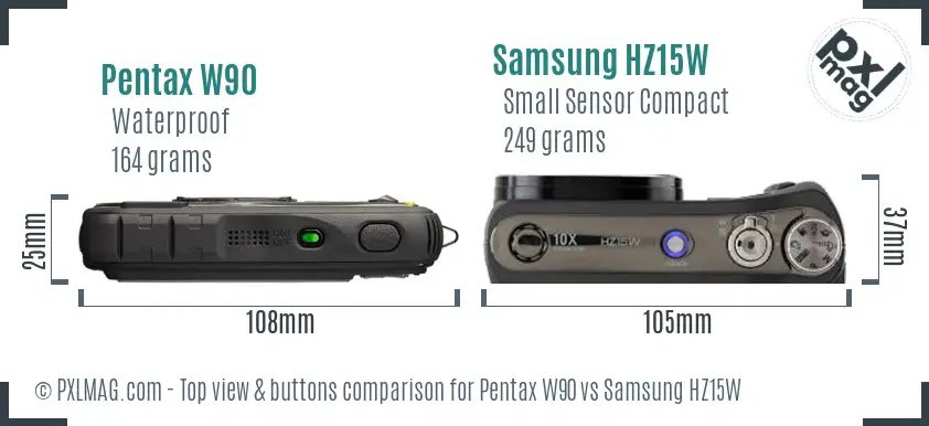 Pentax W90 vs Samsung HZ15W top view buttons comparison