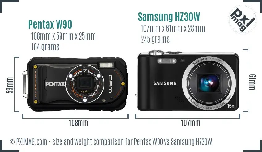 Pentax W90 vs Samsung HZ30W size comparison