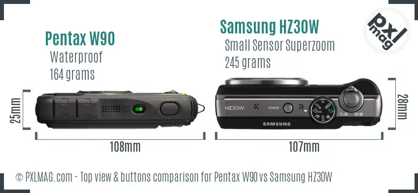 Pentax W90 vs Samsung HZ30W top view buttons comparison