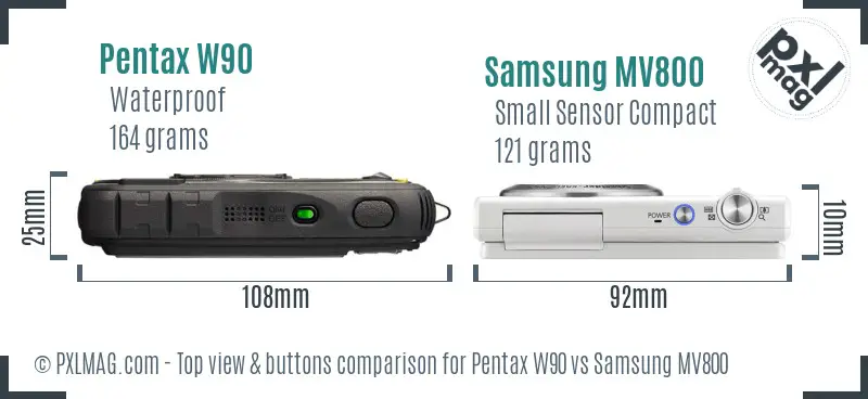 Pentax W90 vs Samsung MV800 top view buttons comparison Pentax W90 vs Samsung MV800 top view buttons comparison