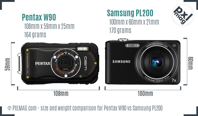 Pentax W90 vs Samsung PL200 size comparison