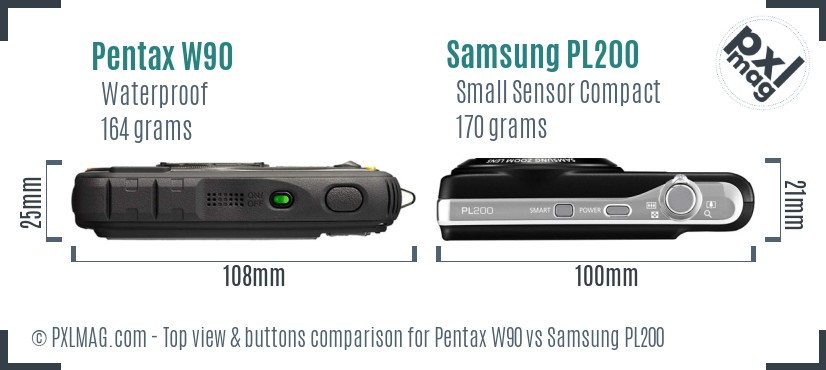 Pentax W90 vs Samsung PL200 top view buttons comparison