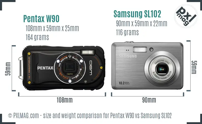 Pentax W90 vs Samsung SL102 size comparison