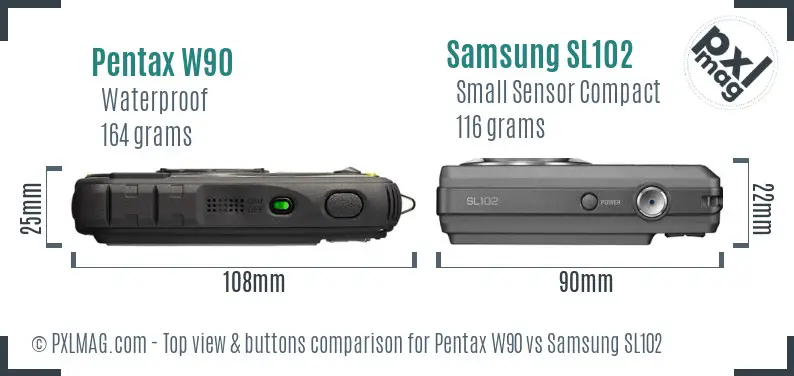 Pentax W90 vs Samsung SL102 top view buttons comparison