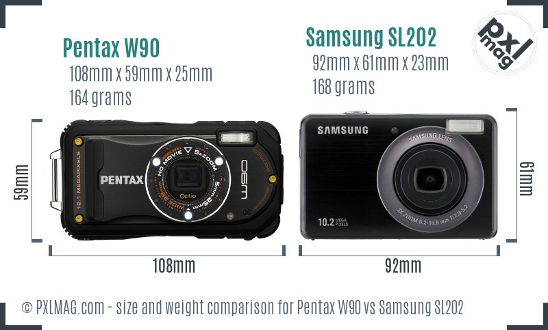 Pentax W90 vs Samsung SL202 size comparison