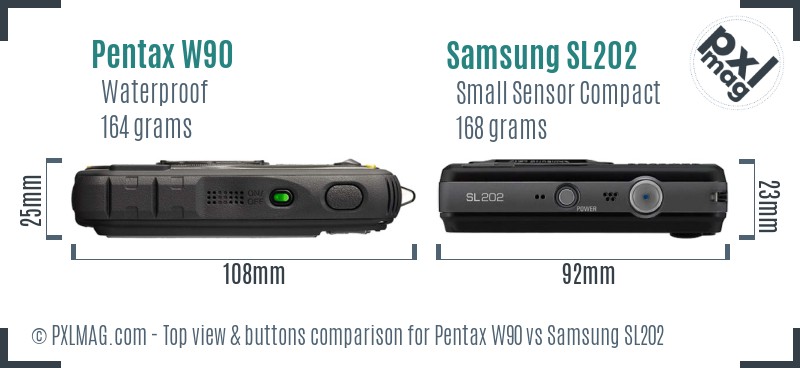 Pentax W90 vs Samsung SL202 top view buttons comparison