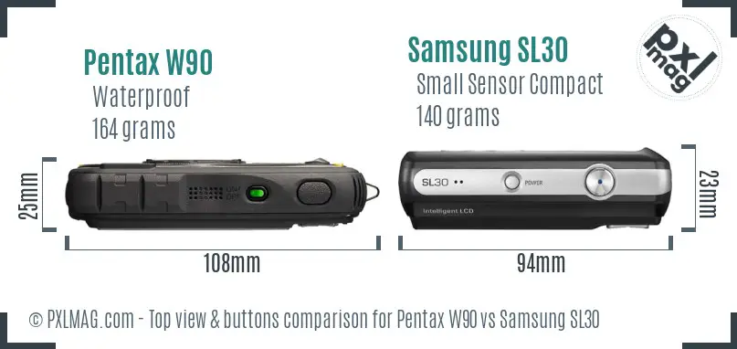 Pentax W90 vs Samsung SL30 top view buttons comparison
