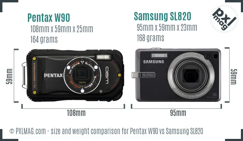 Pentax W90 vs Samsung SL820 size comparison