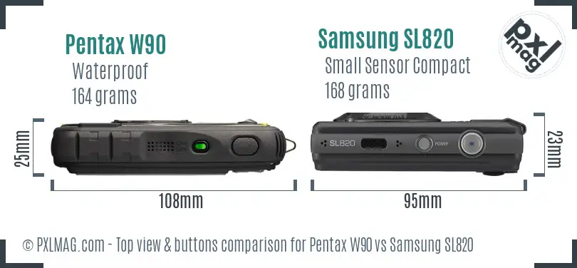 Pentax W90 vs Samsung SL820 top view buttons comparison