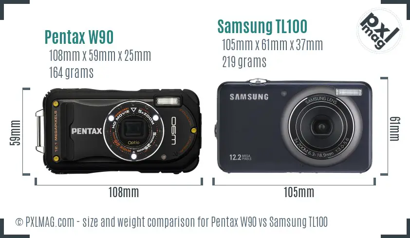 Pentax W90 vs Samsung TL100 size comparison