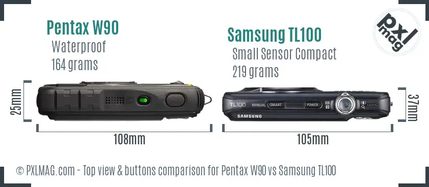 Pentax W90 vs Samsung TL100 top view buttons comparison
