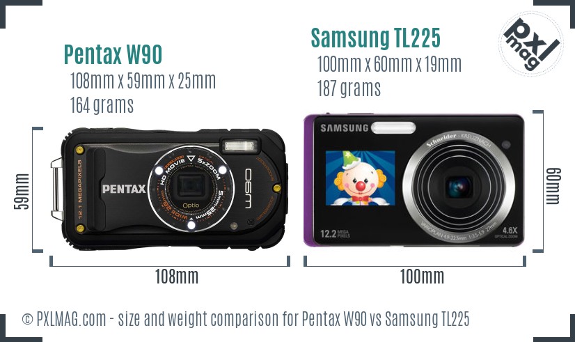 Pentax W90 vs Samsung TL225 size comparison