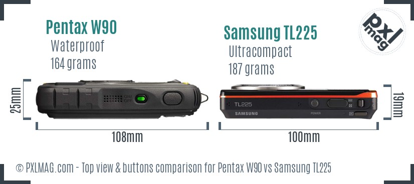 Pentax W90 vs Samsung TL225 top view buttons comparison