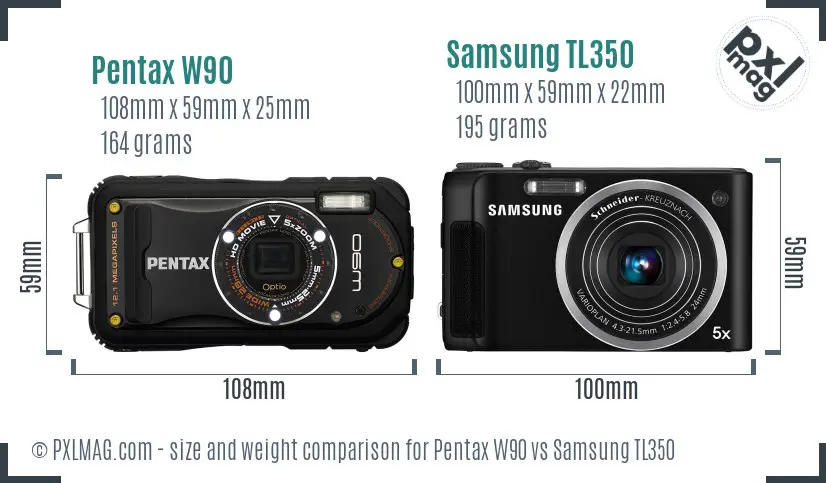Pentax W90 vs Samsung TL350 size comparison