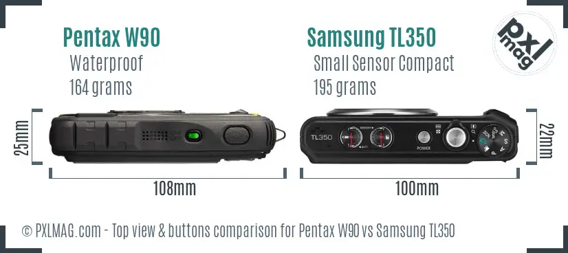 Pentax W90 vs Samsung TL350 top view buttons comparison