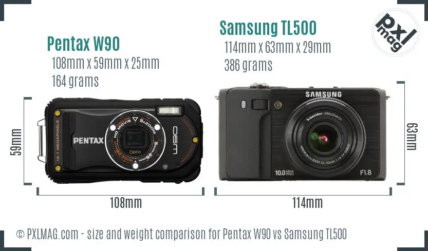 Pentax W90 vs Samsung TL500 size comparison